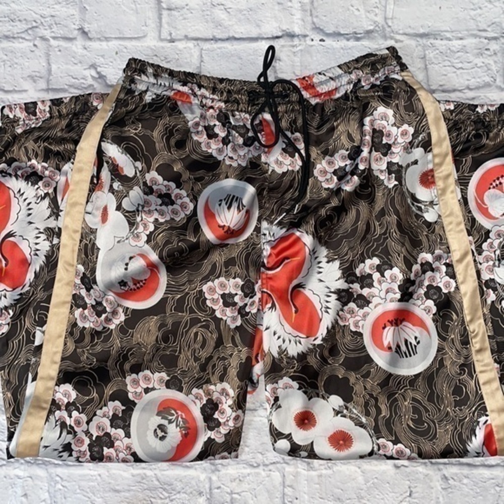 Urban Outfitters Hi Rise Crane Bird Print Cherry Blossom Satin Drawstring Jogger